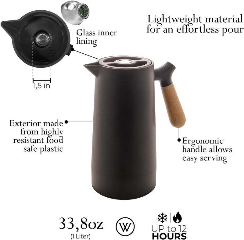 WLFF - Thermal Coffee Carafe - 34oz / 1L Insulated Plastic Exterior Carafe for Hot or Cold Drinks - Leakproof Coffee and Tea Dispenser with Wood-like Handle and Glass Liner - Black, 34floz/1L - Image 4